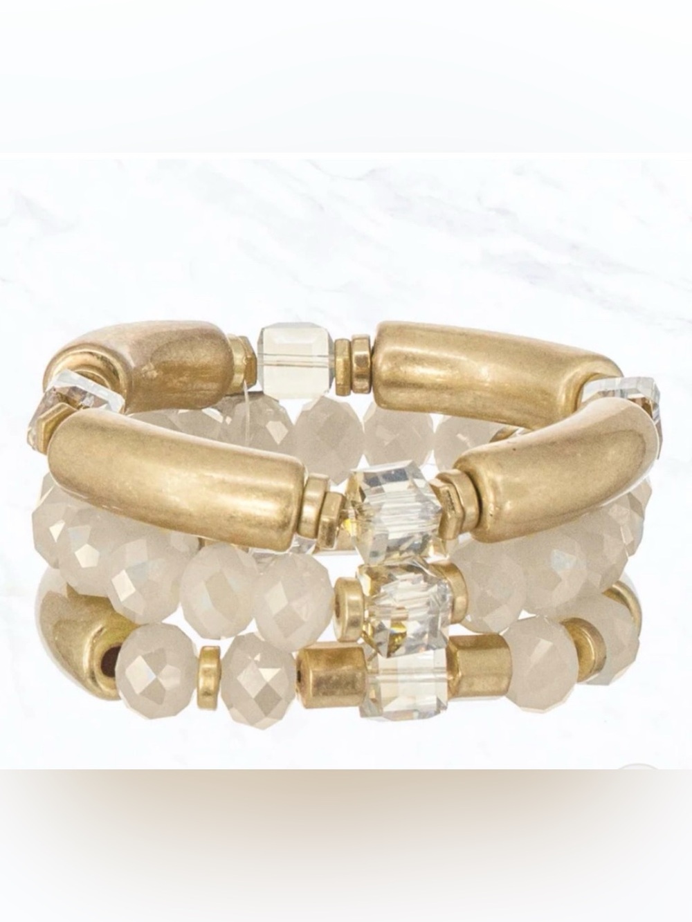 Thedra Lorraine Beaded Bracelet Curve Cylinder 3 stack of gold-tone